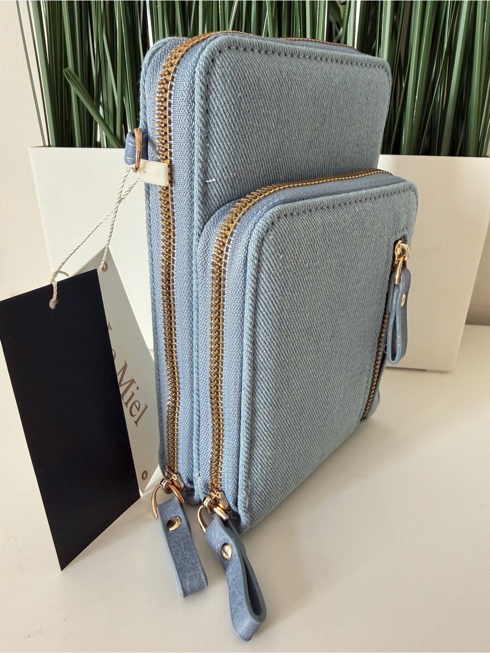 Le Miel Blue Crossbody Mini Bag Gold Zipper Multi Pocket Small Purse NEW - Picture 6 of 6